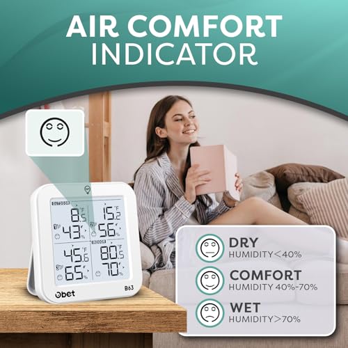 OBET Weather Station Wireless Indoor Outdoor Thermometer Wireless, Digital Temperature and Humidity Monitor with 3 Sensors, Adjustable Backlight, USB Port (500 Feet) White - color: White-Small