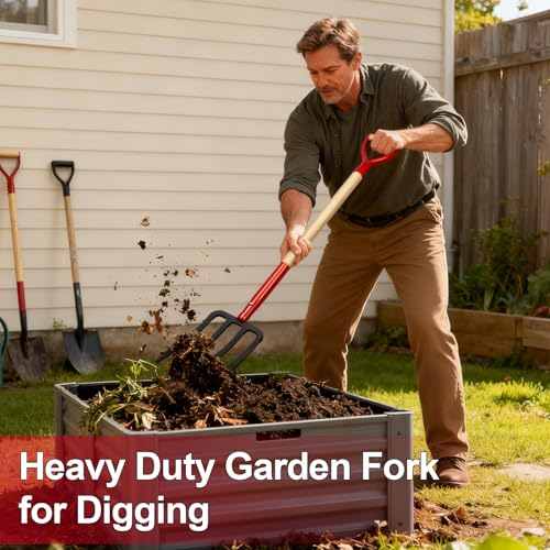 Heavy Duty Garden Fork for Digging, 4 Tines Pitch Fork for Gardening Compost, Garden Pitch Fork with Wooden Handle, 45 Inches