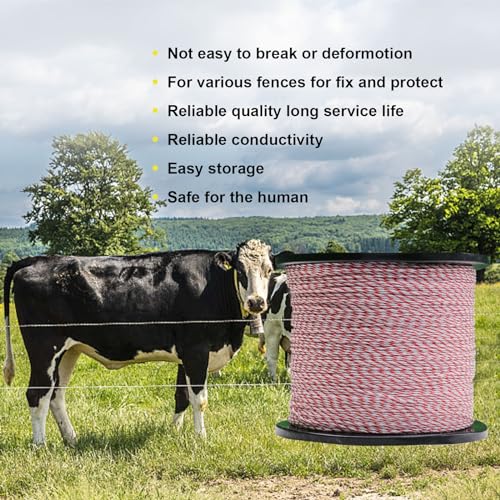 Fence Rope,Upgraded Electric Fence Polywire,6 Stainless Steel Strands for Reliable Conductivity and Rust Resistance UV Resistant,5050 Feet/1540 Meters,Red and White Color - size: 5050Feet