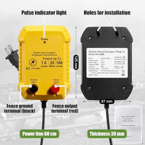 Electric Fence Charger Kit 1J 25 Mile 250ft Wire 50 Insulators | For Chickens Poultry Containment, 110VAC, Plug in Energizer with Aluminum Wire, Garden Pond Protection Setup - style: 1 Joule