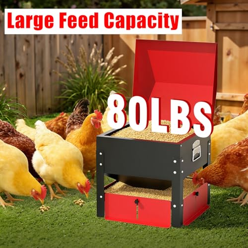 Portable Metal Chicken Feeder, Freestanding Chicken Feeder with Top-Sloped Waterproof Lid, No Waste Gravity Poultry Feeder for Hens and Ducks, 80 lbs Large Capacity