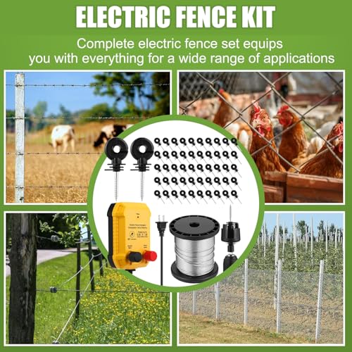 Electric Fence Charger Kit 0.25J 5 Mile 50 Insulators 250ft Wire | 110VAC Plug in for Poultry Pets, Socket Tool, Aluminum Conductor, Screw Mount, Garden Pond Orchard Protection - style: 0.25 Joule