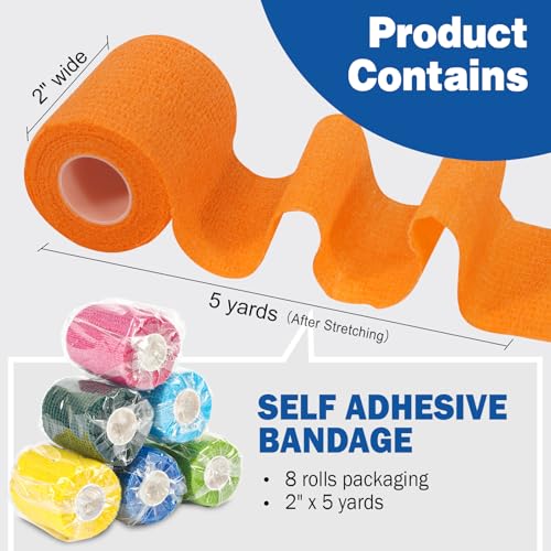 AZEN 8 Pack Self Adhesive Bandage Wrap, 2" X 5 Yards Elastic Cohesive Bandage Wrap, Color Athletic Tape, Vet Wrap, Ankle Tape, Tattoo Grip Tape Wrap - color: Multi-colored