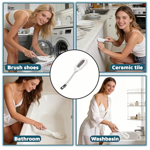 Professional Shoe Cleaning Brush Long Handle - Dual-Action Soft Bristle Shoe Scrubber for Sneakers, Leather, White Shoes | U-Shaped Head & Pointed Tip | Hanging Hole Design (White)