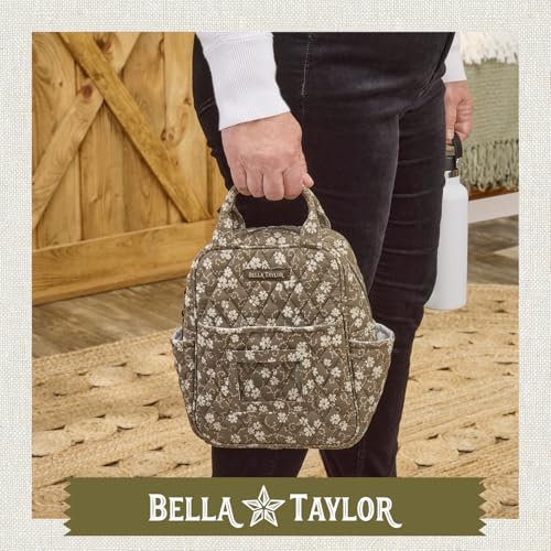 Bella Taylor Lunch Tote, Quilted Lunch Bag, Woodland Floral | Lightweight quilted cotton lunch box, easy-to-clean PEVA lining, 3 outside/1 inside pocket, durable construction - color: Woodland Floral