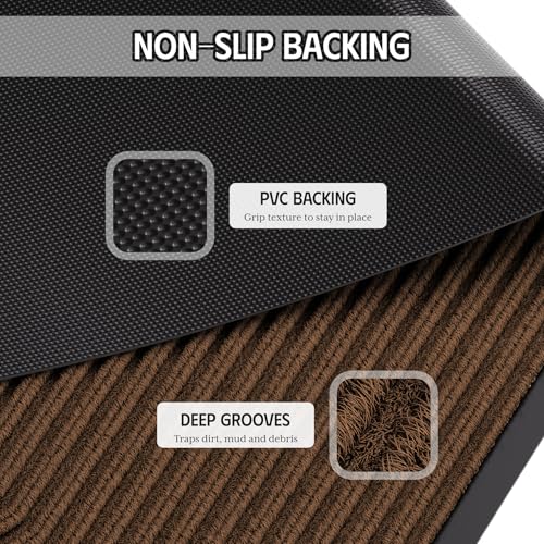 Front Door Mat 3' x 5', Dirt Trapper Dog Door Mat for Mud Wet Shoes & Paws, Low Profile Heavy Duty Indoor Outdoor Mats, Absorbent and Fade Resistant, Non-Slip Commercial Floor Mat, Brown - color: Brown Striped, size: 3' x 5'