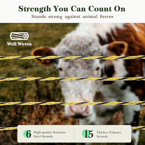 Electric Fence Wire, 5200ft 1585m, Polywire for Portable Livestock Fencing, 6 Stainless Steel Strands for Reliable Conductivity and Rust Resistance, UV Resistant - size: 5200 Feet/1585 Meters