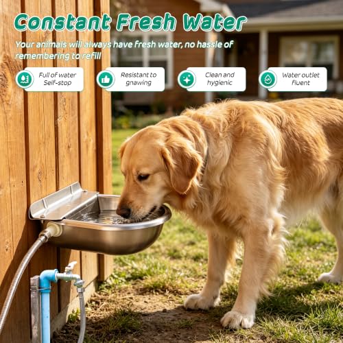 Automatic Livestock Waterer Bowl,304 Stainless Steel Float Valve Pet Bowl | 2.5L |Self Filling|for Large Dogs Chickens Horses|2 Drain Plug for Easy Clean|39''Pipe Fit 3/4'' GHT Male Faucet|Wall Mounted