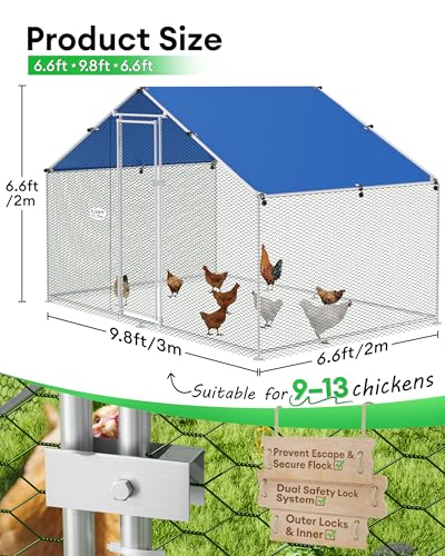 BUCATSTATE Large Metal Chicken Coop 6.6FT x 9.8FT x 6.6FT, Outdoor Walk-in Poultry Cage for 9-13 Hens, Predator Resistant Chicken Run with Thick Waterproof PE Cover & Dual Lock Doors