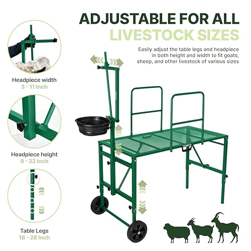 Goat Stand with Adjustable Headpiece & Legs, Goat Milking Stand with Feeder, Rails & Wheels, Stanchion for Grooming & Hoof Trimming, Sheep Stand for Shearing Heavy-Duty Steel Platform, Green - color: GREEN