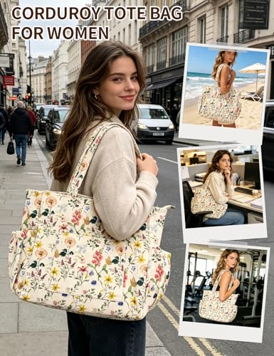 Corduroy Tote Bag for Women, Cute Floral Tote Bag with Zipper, Large Shoulder Handbag with Multi-Pockets for Work Travel Gym - color: Retro Floral