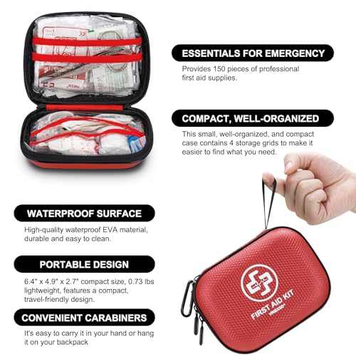 Mini First Aid Kit - 150 Piece Small Waterproof Hard Shell Medical Kit | Compact First Aid Kit with Comprehensive Supplies for Home, Car, Travel, Camping, Truck, Hiking, Sports, Office, Outdoor(Red) - color: Red