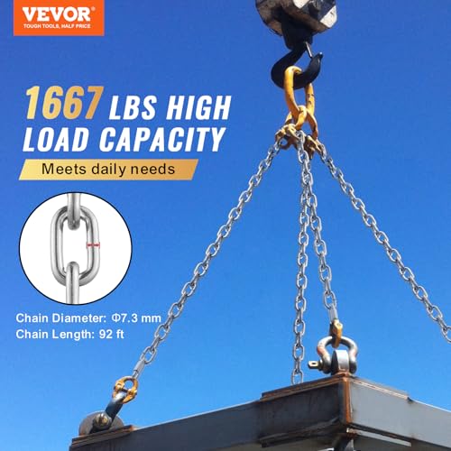 VEVOR Proof Coil Chain, 5/16" x 92', 1667 lbs Safe Working Load, Zinc Plated Proof Tested Coil Chain with Two Quick Links, Galvanized Carbon Steel Link Chain for Towing, Hanging, Camping, Pet Towing - size: 5/16 Inch x 92 Ft