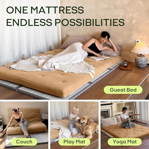 ZonLi Japanese Floor Futon Mattress 100% Cotton Washable Cover Foldable | 80" x 76" King Size 4" Thick Tatami Mat Sleeping Pad, Roll Up Floor Lounger Bed for Guest, Dormitory, Camping & Travel - color: Burro, size: King(80"L x 76"W x 4"Th)