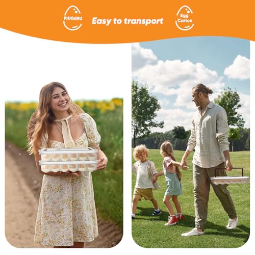 Deviled Egg Containers with Lid, (Set of 2), Plastic Tray Carrier with Handle, Holds Up to 48, Clear Storage Platter for Devil Egg, Portable Fridge Stackable Platter Holder