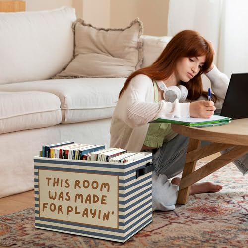 Blue Striped Kids Playroom Storage Bins Box with Handles, This Room Was Made for Playing Collapsible Basket Organizer for Kids Nursery Bedroom Bathroom Playroom Books Clothes - color: Color15