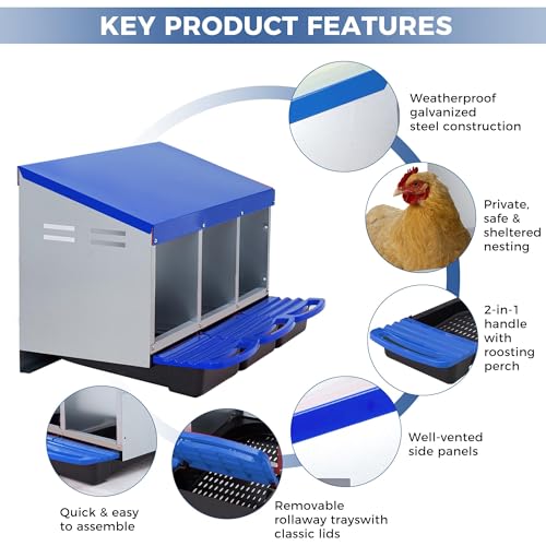 Garvee 3-Hole Roll Away Egg Collection Chicken Nesting Box | Galvanized Steel Nest Box for Laying Eggs - color: Blue, size: 3 holes