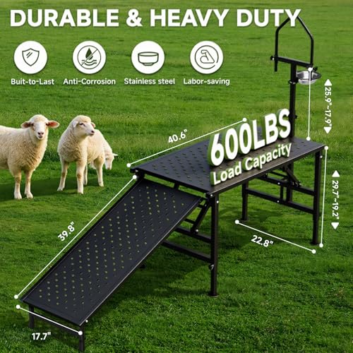 Goat Milking Stand with Ramp, Livestock Trimming Goat Stand with Adjustable Headpiece & Legs, and Feed Bin, 600LBS Heavy Duty Sheep Stand for Lambs Shearing, Grooming & Hoof Trimming, Black | Goat stand with ramp foldable stong load capacity