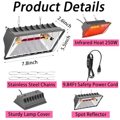 Heat Lamp for Chicken Coop, 250W Waterproof Chicken Coop Heater for Indoor & Outdoor Used, Infrared Heat Lamp with Adjustable Temp & Height, Ideal for Poultry, Livestock & Small Pets