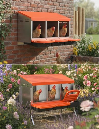 Metal Chicken Nesting Box with Easy-Collect Tray & Lid – 3/4/2x2 Compartment Heavy Duty Roll Away Nesting Boxes for Chickens, Wall Mount or Freestanding, Galvanized Steel Hen Laying Box for Coop