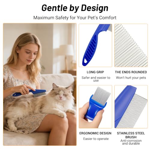 7PCS Flea Comb Set for Cats & Dogs, Pet Comb, Dog Eye Comb, Tick Comb | 7 combs for flea removal, tear stain cleaning and grooming with stainless steel and plastic for cats and dogs.