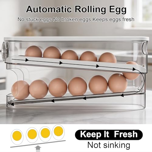 Auto Rolling Egg Holder for Fridge, Egg Dispenser/Organizer/Storage/Container with Lid & Date Timer for Refrigerator, Sturdy and Durable Space-Saving Egg Tray for 12 Large Eggs - size: 1pcs With Timer