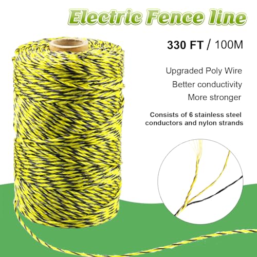 330 Feet Electric Fence Polywire, 100 Meters 1/8" Diameter Portable Electric Fencing Poly Wire Rope Line 6 Steel Strands for Reliable Conductivity & Rust Resistance - size: 330 Ft