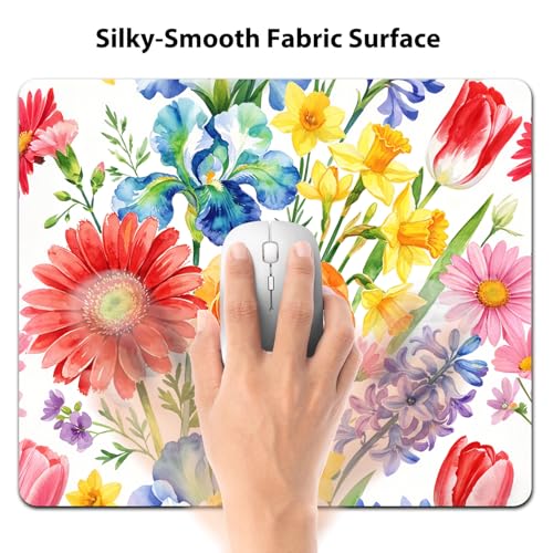 Vibrant Watercolor Flower Garden Mouse Pad 9.5" x 7.9", Colorful Floral Cute Desk Mat, Spring Botanical Art - color: Flower Garden