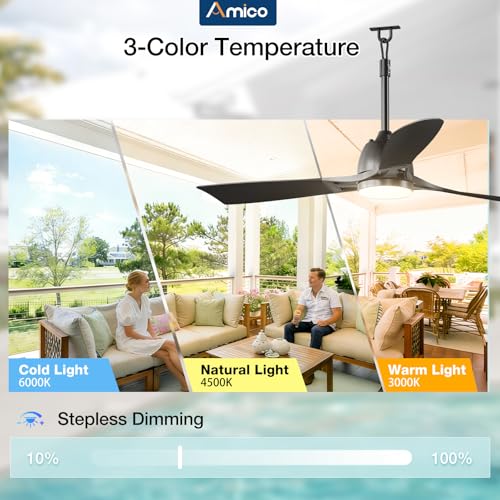 Amico 52" Outdoor Ceiling Fans with Lights, IP65 Waterproof Gazebo Fan | Waterproof, Remote Control, 3000-6000K, 6 Speeds, Hook Hanging Plug in, for Patio Porch Pergola Garage Canopy - size: 52 inch