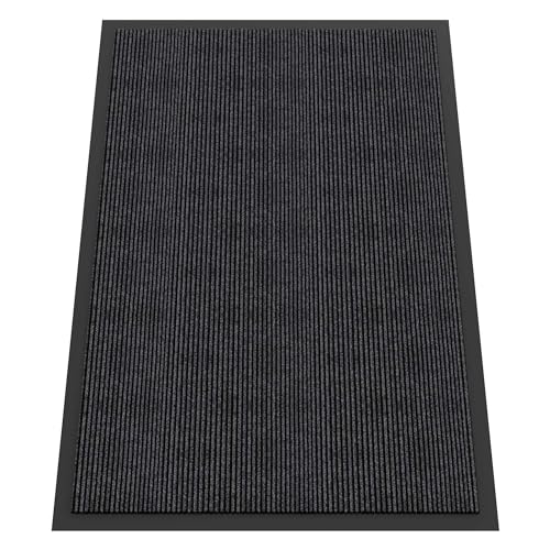 Front Door Mat Outside Entrance, Dirt Trapper Doormat 60" x 48" | Non Slip Indoor Outdoor Welcome Mat for Entryway, Absorbent Commercial Floor Mat for High Traffic Area, All Weather, Grey - color: Dark Grey Striped, size: 4' x 5' (Rectangular)