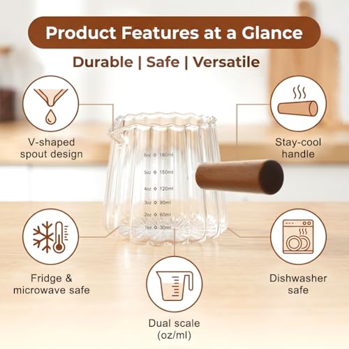 2 Pack Espresso Measuring Cups 6 Oz (180ml), Glass Milk Frothing Pitcher with Wood Handle, V-Shaped Spout with Oz & ML Markings, Heat-Resistant Espresso Shot Cups for Coffee, Milk