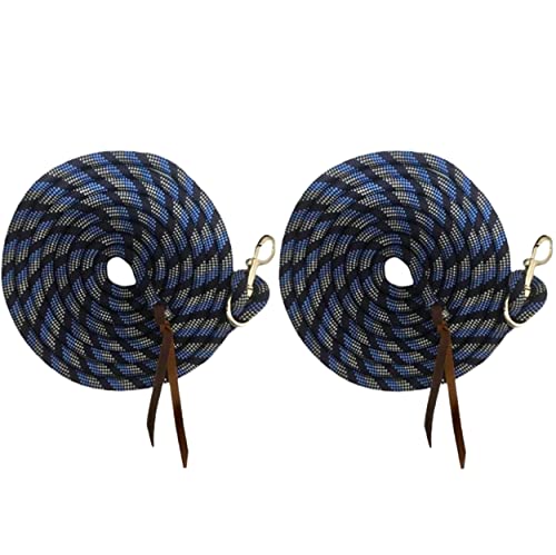 Majestic Ally 14' Pack of 2 Poly Training Lead Rope with Leather Popper for Horses & Livestock – 14 Foot Long and 5/8 inch Thick - Replaceable Heavy-Duty Bolt Snap (Navy-Blue-White) - color: Navy-Blue-White