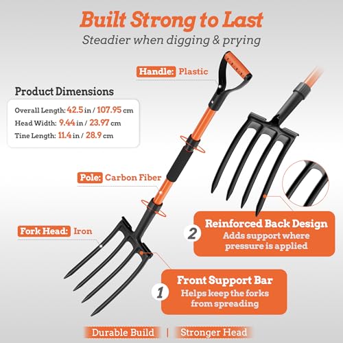 Garden Fork for Digging, 4-Tine Pitch Fork with Foot Step, Ergonomic Y-Handle & Comfortable Grip, Lightweight Durable Pitchfork for Soil Loosening, Compost, Mulch, Weeding & Potato Harvest - 43 Inches - size: 43-inchs