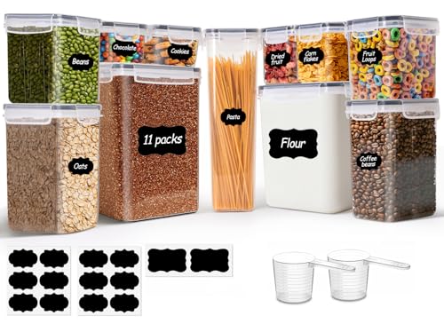 ComSaf Airtight Food Storage Containers with Lids 7size 11Pack, Stackable | Plastic Canister, Flour Sugar Cereal Pasta Rice Oats Coffee Snacks Dry Food, Pantry Kitchen, Label & Scoop, BPA-free, Clear - size: 7 Size-Rectangle
