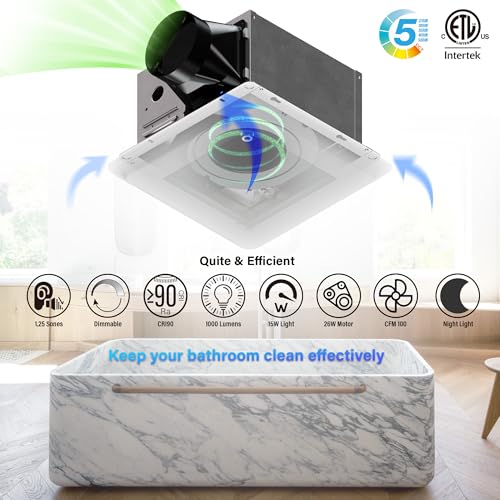 100CFM Bathroom Exhaust Fan With Night light: 26W Ceiling Fan With LED Light for Bathroom and Home, 5CCT Seletable & 2200K Amber Warm, Dimmable & Wet Rated, ETL Certified - size: 100CFM with Night Light