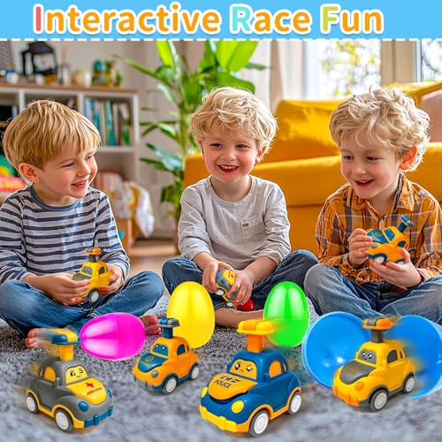Jumbo 4 Pack 5.8 Inch Easter Eggs Filled with Press and Go Car Easter Toys Surprise Eggs for Kids Boys Toddlers Easter Basket Essential Stuffers Filled Easter Eggs with Toys for Party Favors Gifts - style: Press and Go Car