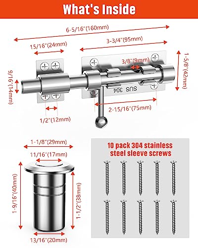 Heavy Duty Slide Bolt Gate Latch Hardware, 6.3 Inch, Silver-2PCS | Solid 304 Stainless Steel Latches Electroplating Finish, Barrel Bolt Lock for Wooden Fence, Interior, Yard/Barn/Shed Door - color: Silver - 2 Pack