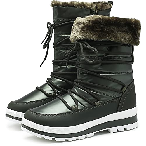 HEAWISH Women’s Winter Snow Boot Fur Lined Mid Calf Warm Boots - color: Green, size: 9