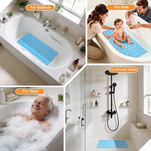 Yimobra Bathtub Mat Non Slip, 27.5"X15.5" Machine Washable Shower Floor Mat, Soft on Feet, Bathmat with Drain Holes and Suction Cups, Bathroom Essentials, Clear Blue - color: Clear Blue, size: 27.5 X 15.5 Inch