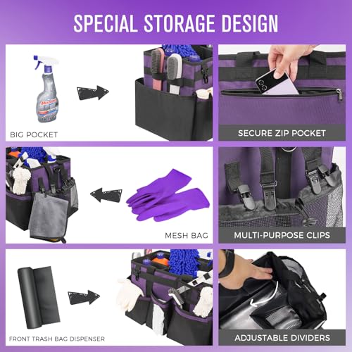 SCAVATA Wearable Cleaning Caddy, Cleaning Caddy Supplies Organizer with Handle & Shoulder Straps for Housekeepers, Under Sink & Car Cleaning Tool Organizers Bag with 4 Foldable Divider (Purple) - color: Purple