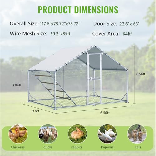 Large Metal Chicken Coop Runs for Yard with Cover, 10x6.5x6.5 | Perch Bars, Split Doors, Waterproof Covers, Mesh Wire - size: 118.1"L x 78.7"W x 78.7"H
