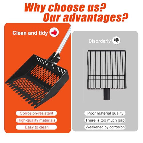12inch Width Heavy Duty 2-in-1 Chicken Poop Scooper & Rake, Stainless Steel Chicken Coop Litter Sifting Shovel with Ergonomic Grip & Adjustable Angle, Sand Scoop for Coop, 37-54 Inch (12inch)