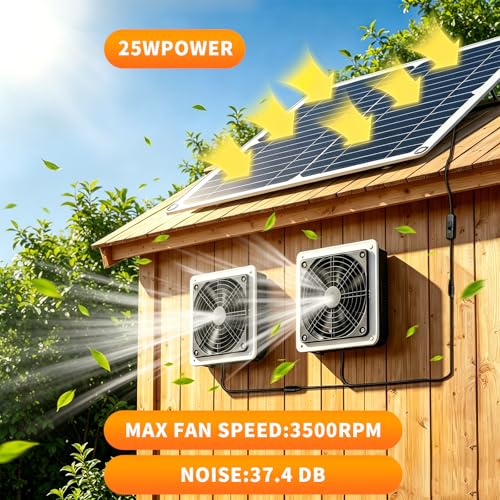 25w Solar Fan for Chicken Coop,16.4FT Cable IP54 Waterproof | Solar Exhaust Fan,Solar Panel Fans Kit for Outside Greenhouse,Shed,Pet House,Outside No Battery On/Off Switch Cable - size: 25W