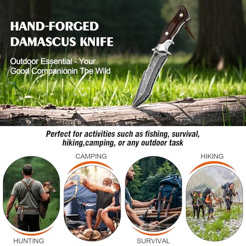 Real Damascus Hunting Knife, 10.4" VG10 Bowie Leather Sheath | 67-layer forged craftsmanship with authentic rosewood grip and durable cowhide exterior cover for outdoor camping tasks - style: Damascus Steel-1