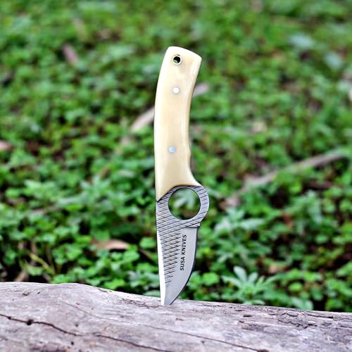 Custom Handmade 7'' fixed blade hoof rasp knife Cow boy knife Damascus steel Bull cutter, cowboy knives with pancake leather sheath (SUSA 121) - color: SUSA 121