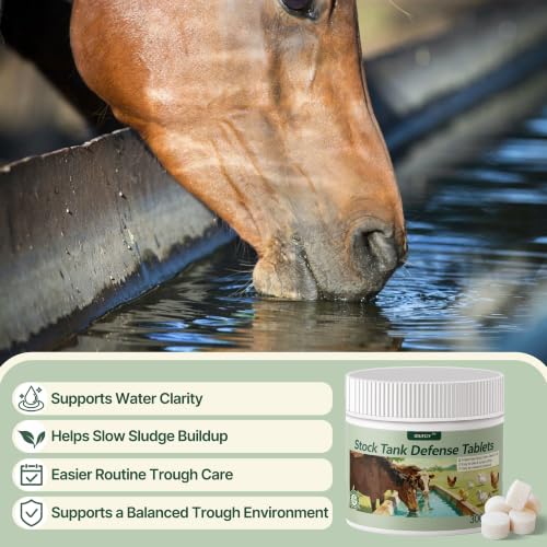Stock Tank Defense Tablets for Livestock Water Troughs, Helps Reduce Feed Residue, Surface Film and Visible Buildup for Horses, Cattle, Goats, Sheep and Chickens, Easy & Animal-Safe Care, 300 Count