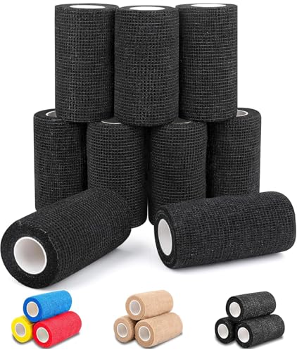 AZEN 9 Pack Self Adhesive Bandage Wrap, 4" X 5 Yards Elastic Cohesive Bandage Wrap, Color Athletic Tape, Tattoo Grip Tape Wrap, Vet Wrap, Ankle Tape - color: Black, size: 4IN - 9Pack