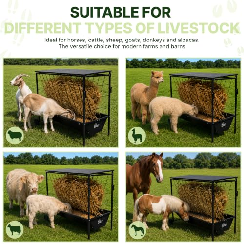 Large Hay Feeder for Goats with Roof, Wheels and Handles, Covered 2-in-1 Galvanized Steel Goat Hay Feeder Trough, 50 Gallon Rack and 20 Gallon Grain for Horse Sheep Cattle Alpacas Livestock