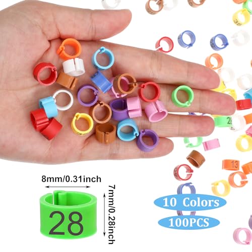 100 Pcs 8mm Birds Leg Rings, 10 Colors Readable Numbered Quail Pigeons Chick Identification Leg Bands Clip on Leg Rings for Baby Chick Finch Bantam Dove Small Birds