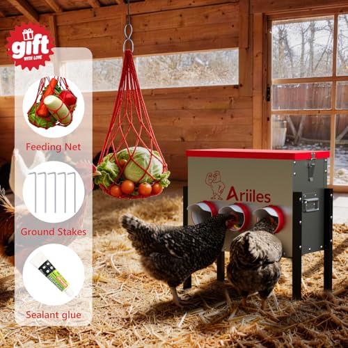 Automatic Chicken Feeder, Metal Poultry Feeder, Chicken Feeders | 40LB Poultry Feeder With Stand & 6 Ports. Includes Bonus Vegetable Net, Feeder Sealant And Anchor Stakes For Chicken. - size: 40 LB